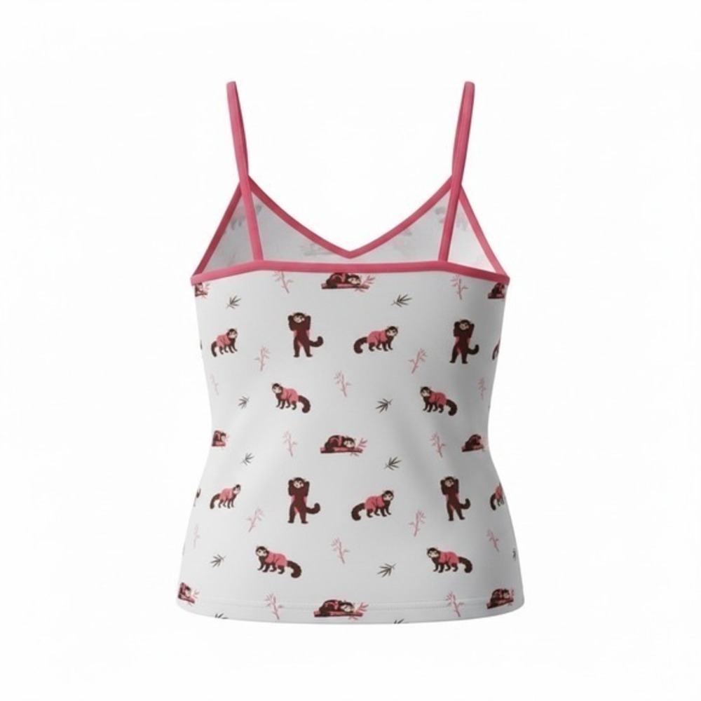 Red Panda Bamboo Print V-Neck Cami Spaghetti Strap Tank Top White Pink S/M - Picture 2 of 4